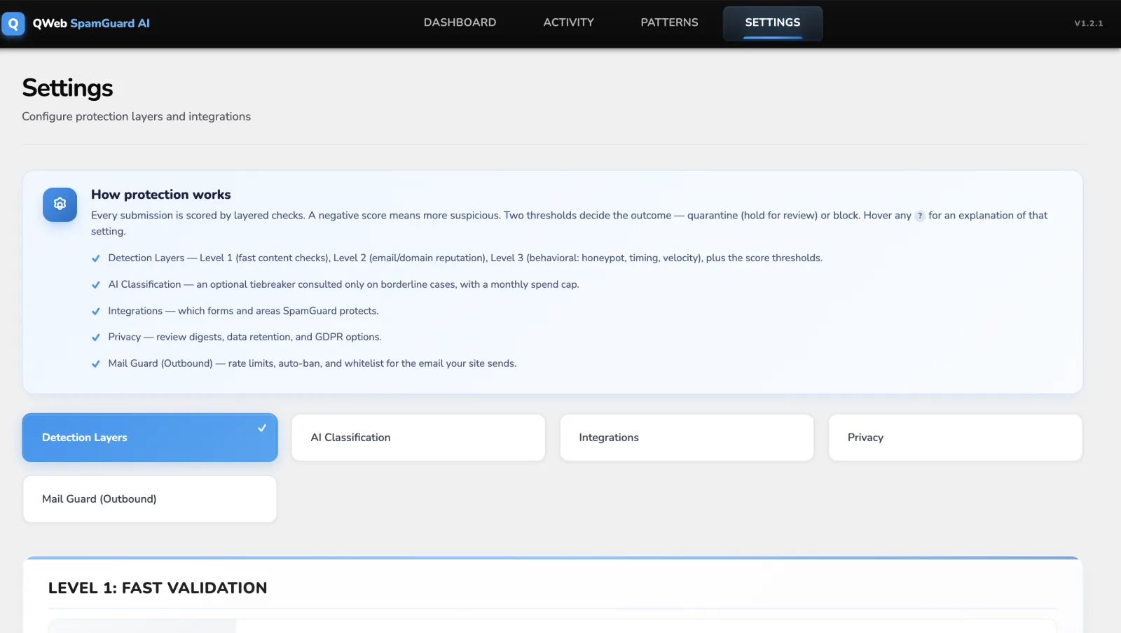 Spam Shield AI settings: layered detection, AI classification, integrations, privacy and Mail Guard